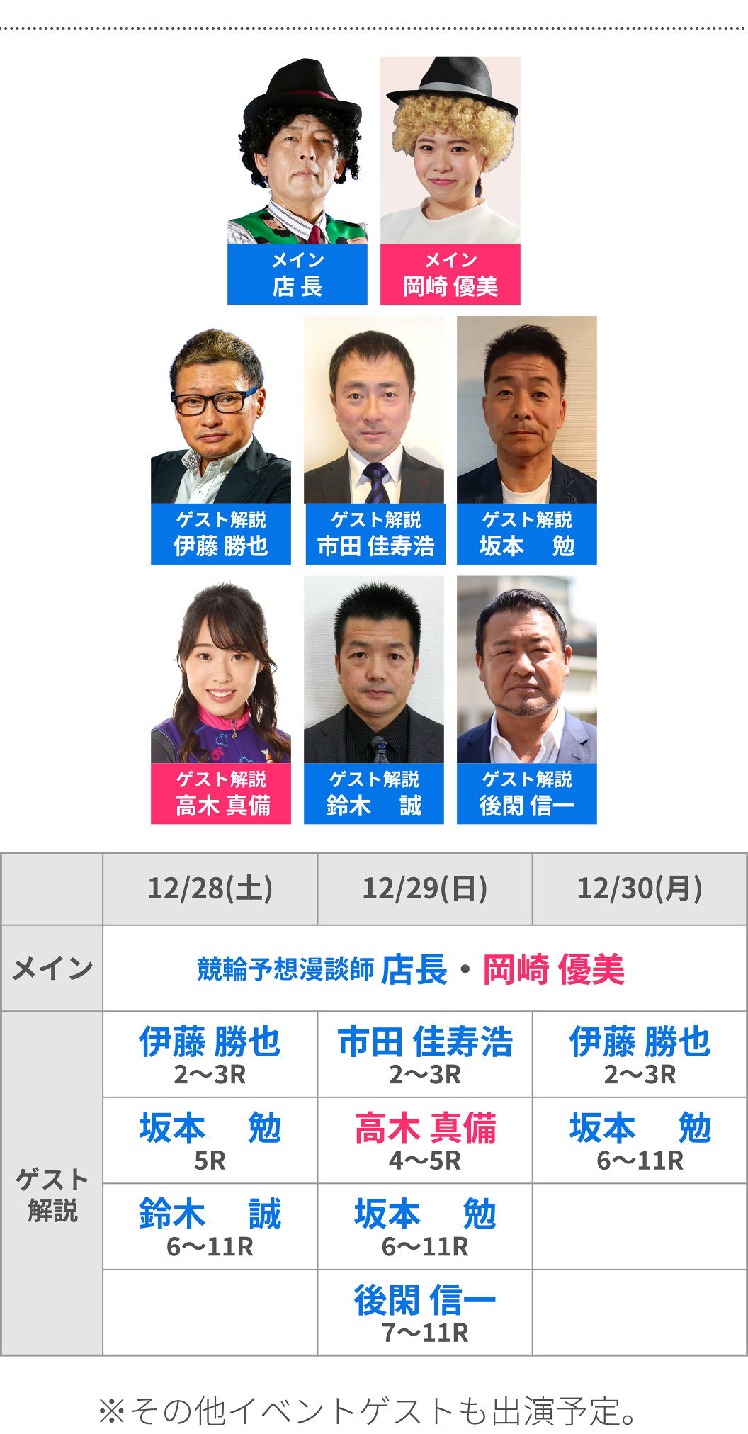 メイン店長 メイン岡崎優美 ゲスト解説伊藤勝也 ゲスト解説市田佳寿浩 ゲスト解説坂本勉 ゲスト解説高木真備 ゲスト解説鈴木誠 ゲスト解説後閑信一 その他イベントゲストも出演予定