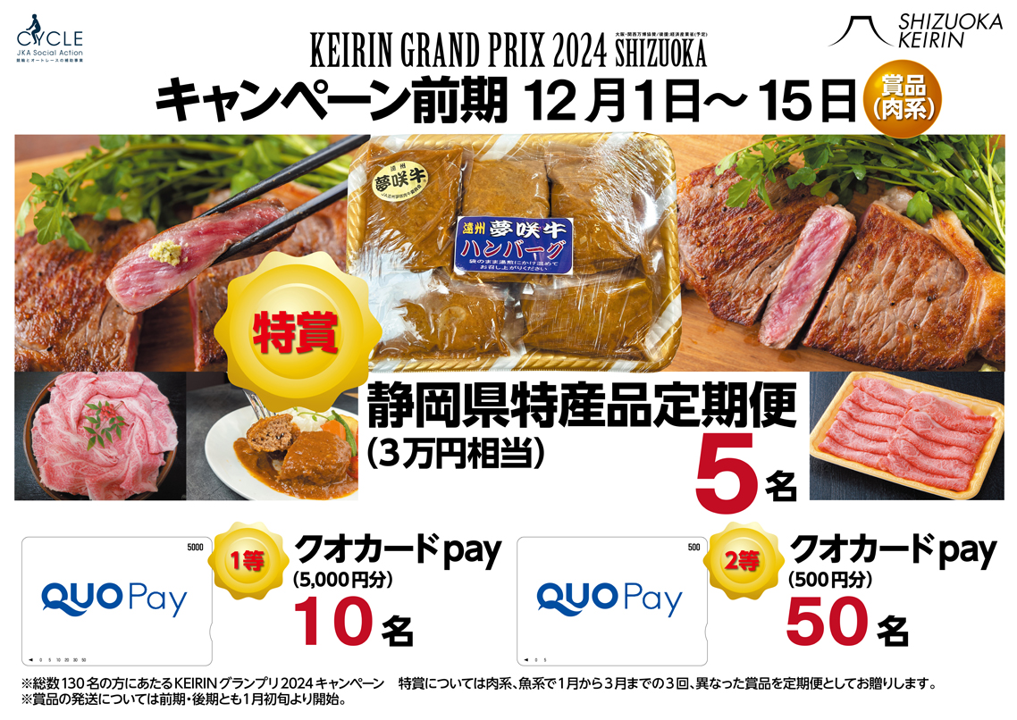 キャンペーン前期 12月1日～15日  特賞静岡県特産品定期便（3万円相当）5名 1等クオカードPay（5,000円分）10名 2等クオカードPay（500円分）50名