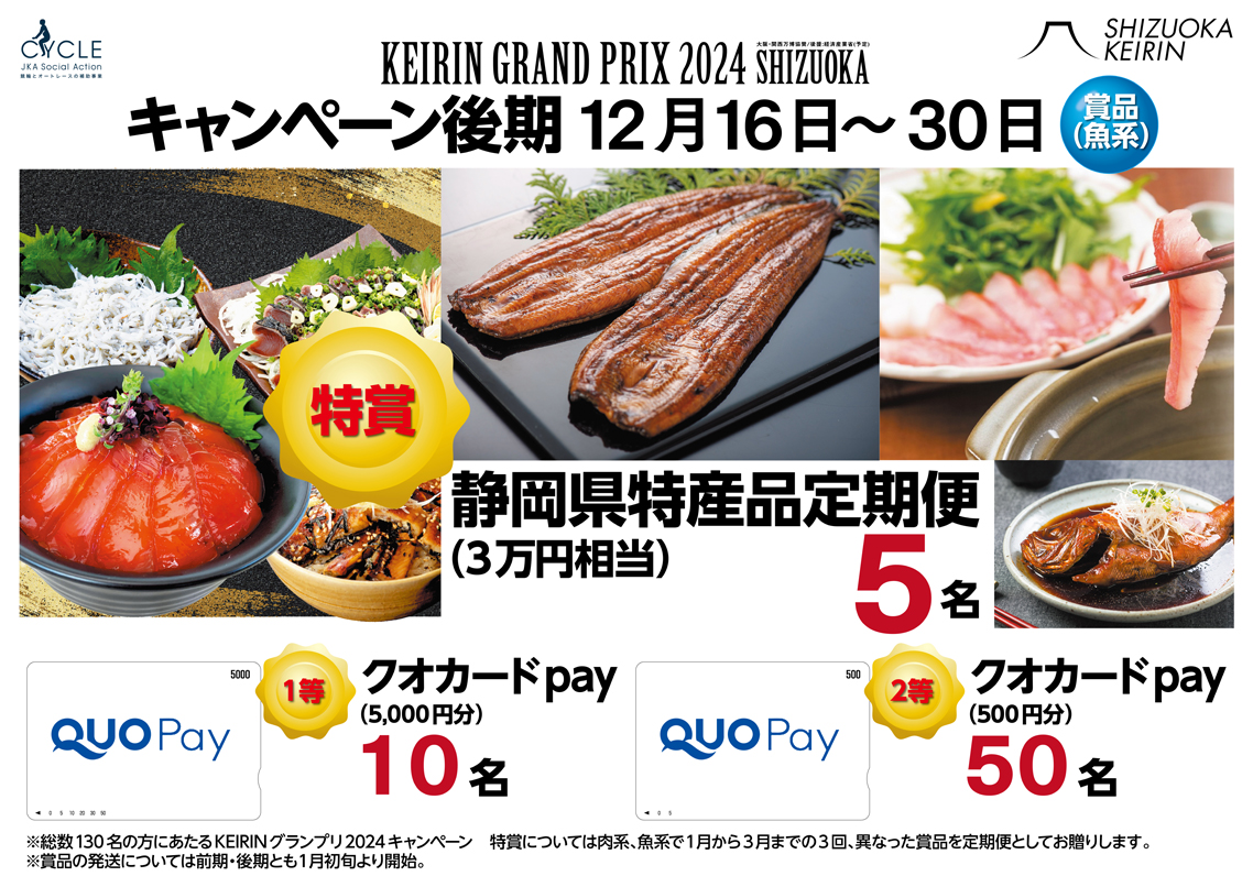 キャンペーン後期 12月16日～30日  特賞静岡県特産品定期便（3万円相当）5名 1等クオカードPay（5,000円分）10名 2等クオカードPay（500円分）50名